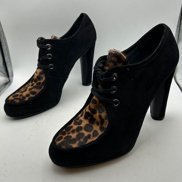 STUART WEITZMAN Womans Heels 6.5 Suede Lace Up Leopard Calf Hair On Hide Bootie - Picture 5 of 12